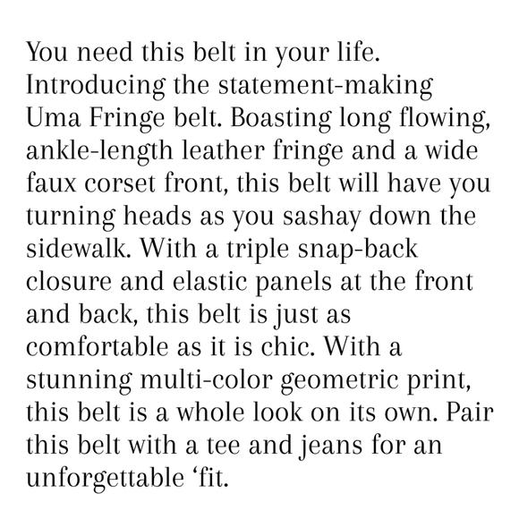 NWT Sassy Jones Fringe Belt L/XL - Picture 5 of 5